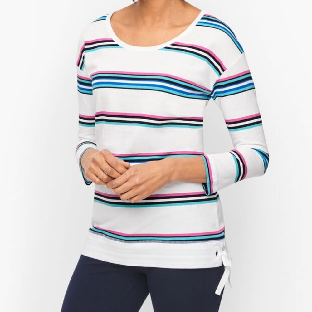 Talbots White Striped Boatneck Top with Blue and Pink Stripes